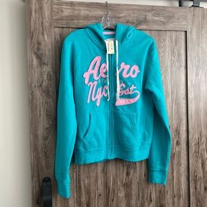 NWT LARGE AEROPOSTALE WOMEN’S BLUE & PINK FULL ZIP HOODIE 70% COTTON & 30% POLY